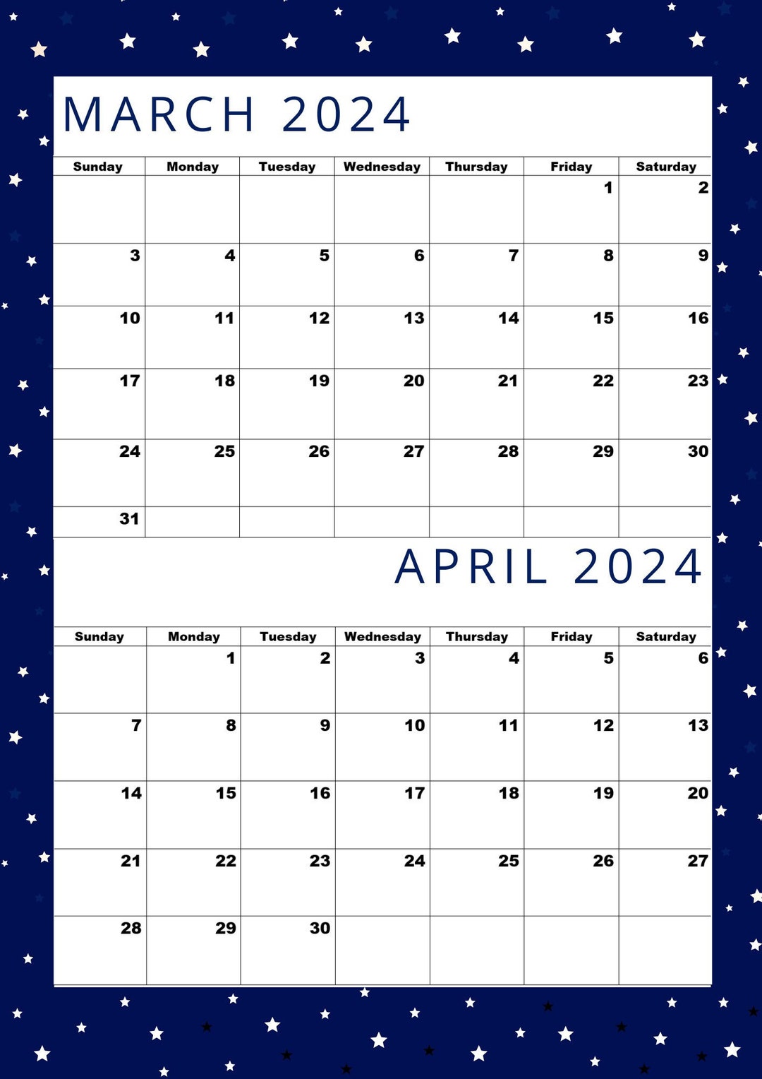 Calendario marzo 2024, calendario aprile 2024, calendario Cool Navy