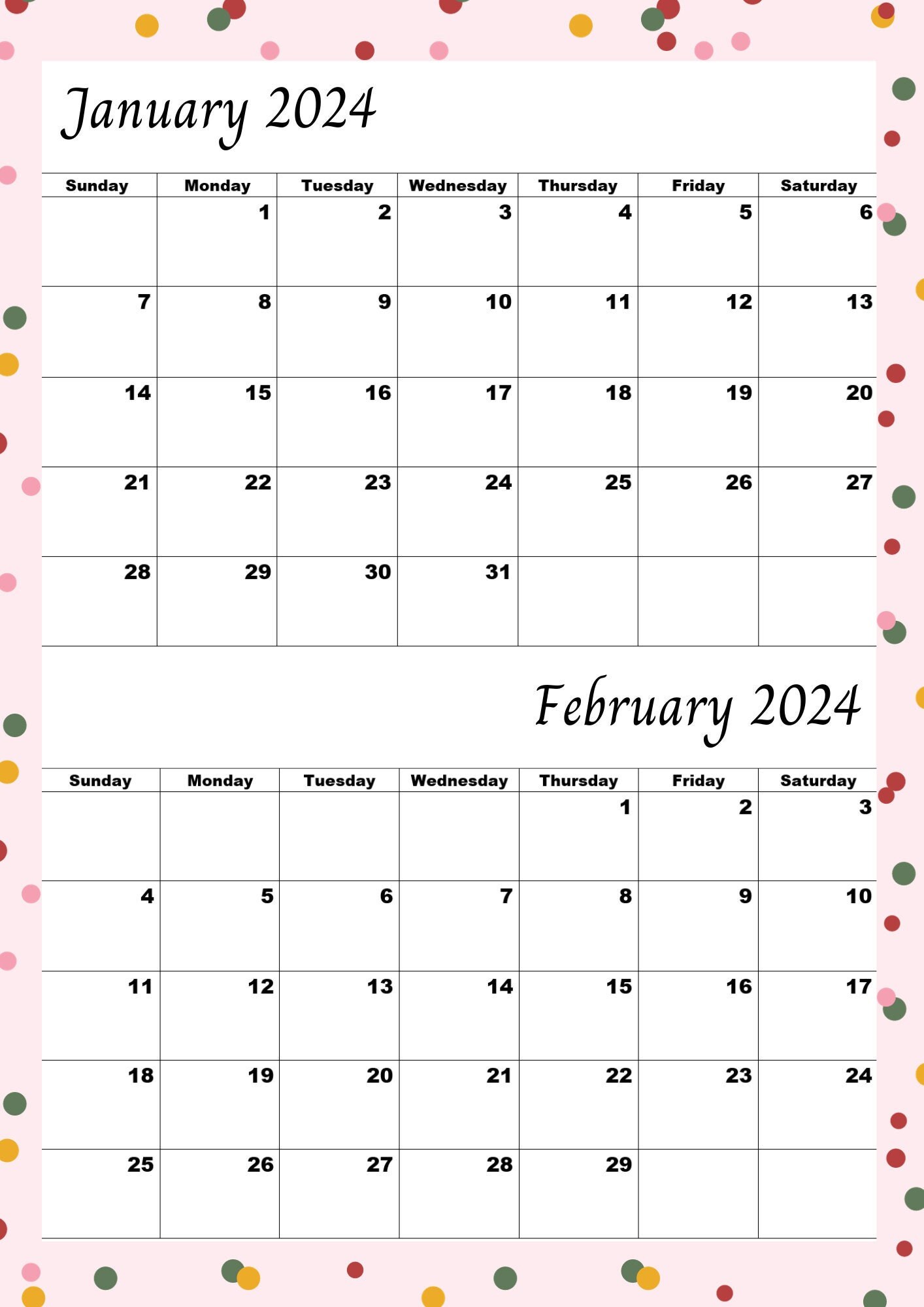 Quick Callender Buy January 2024 Calendar,february 2024 Calendar,pink,jan 2024 Feb 2024 ...