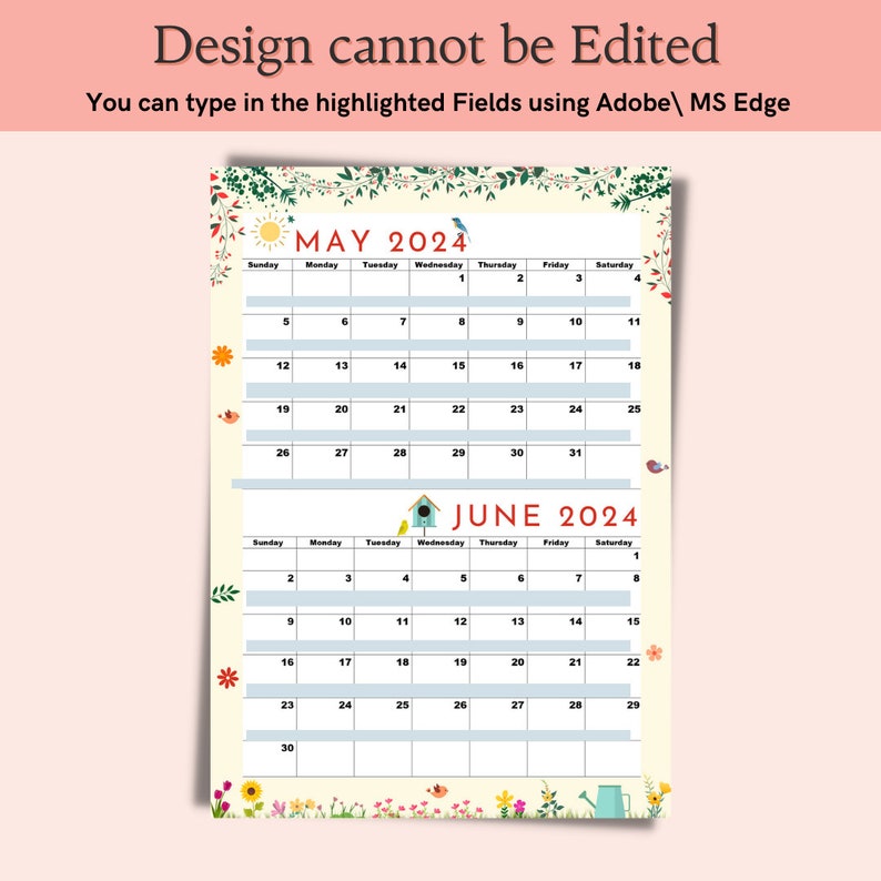 May 2024 Calendar,june 2024 Calendar,may and June 2024,A4 Size,digital
