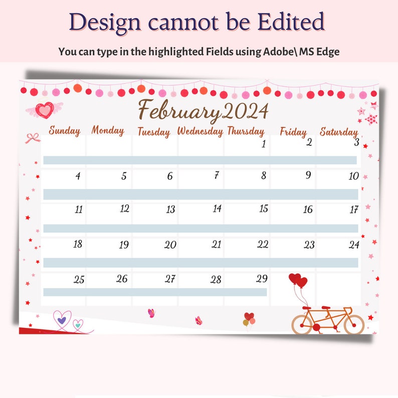 February 2024 Calendar,feb 2024 Calendar, Valentine Gift 2024,A4 Size