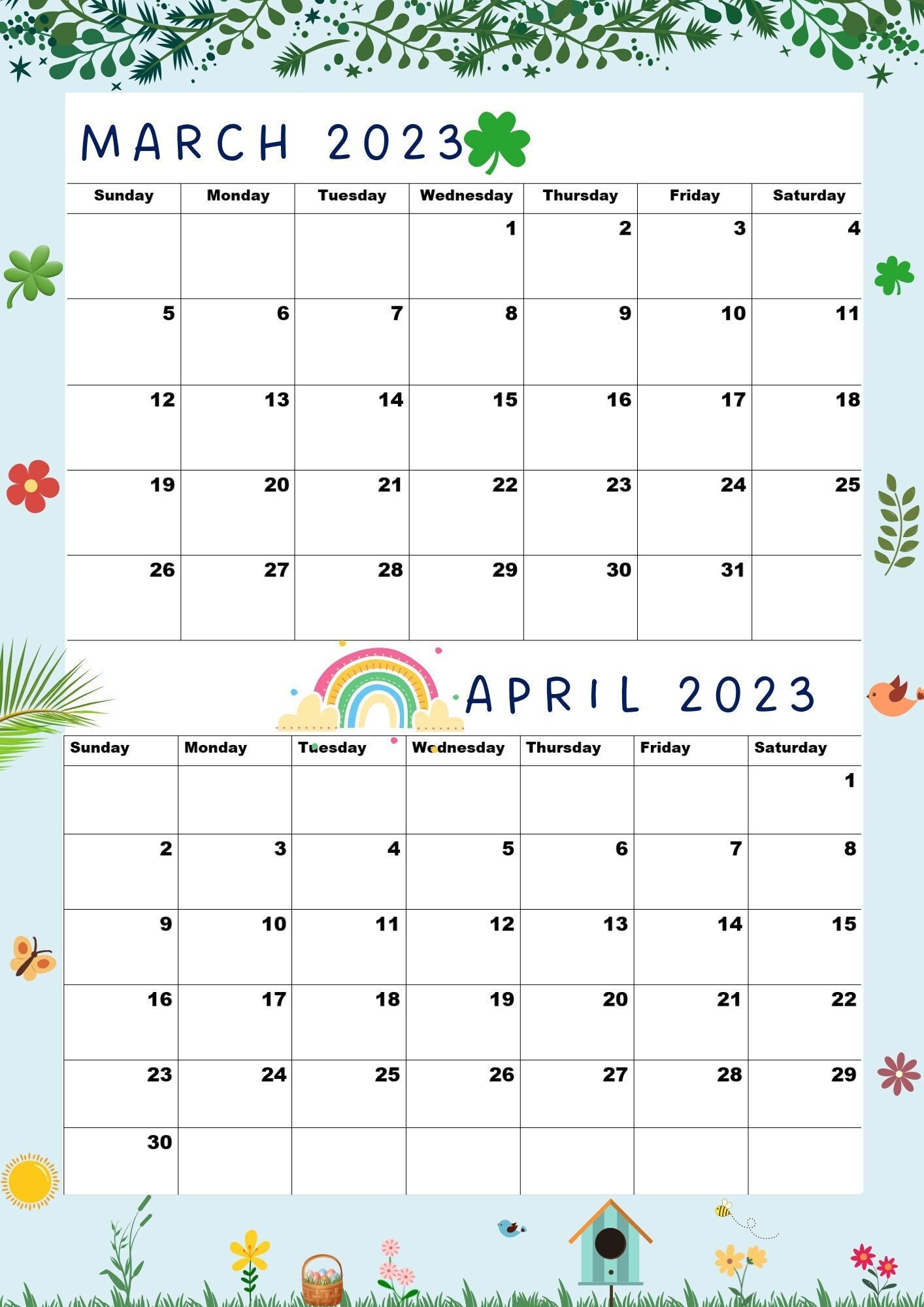 March 2023 Calendar April 2023 Calendar Mar Apr - Etsy UK