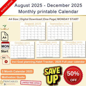 Printable August 2025 -December 2025 Calendar bundle - Blank Monday Start,A4 PDF Digital Download| Monthly Landscape Template
