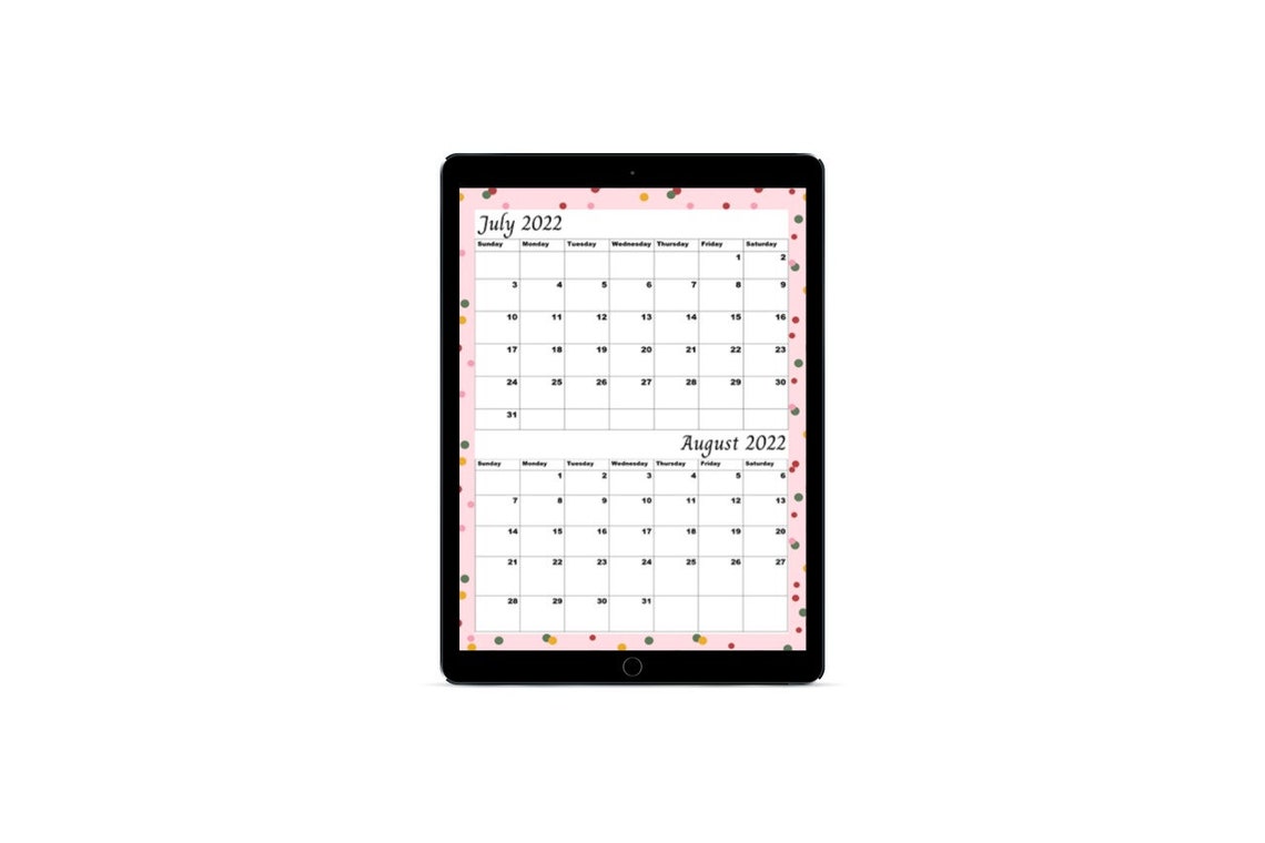 July 2022 August 2022 Printable Monthly Calendar A4 digital Etsy India