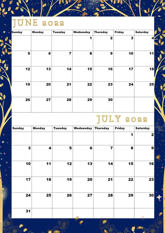 june 2022 july 2022 calendar printable a4 bi monthly etsy ireland