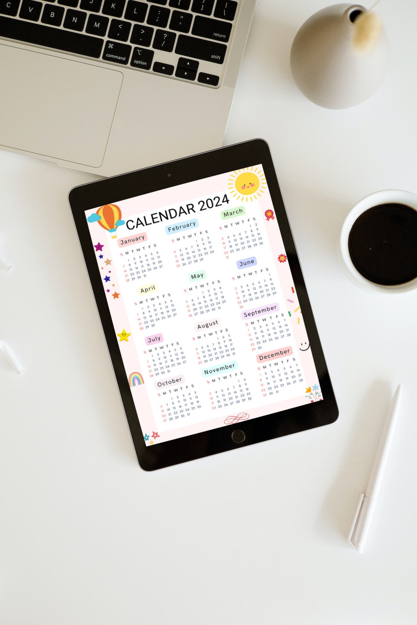 Cute 2024 Calendar,colorful 2024 One Page Yearly Calendar,a4 Size,a5