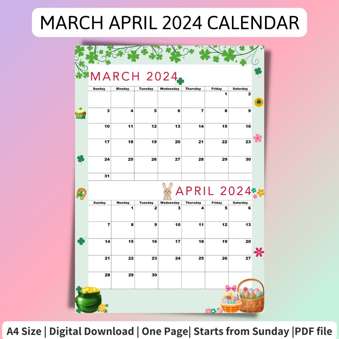 March 2024 Calendar,april 2024 Calendar Printable,creamy Seasons, March  2024 April 2024,A4 Size, Digital,march April Calendar - Etsy