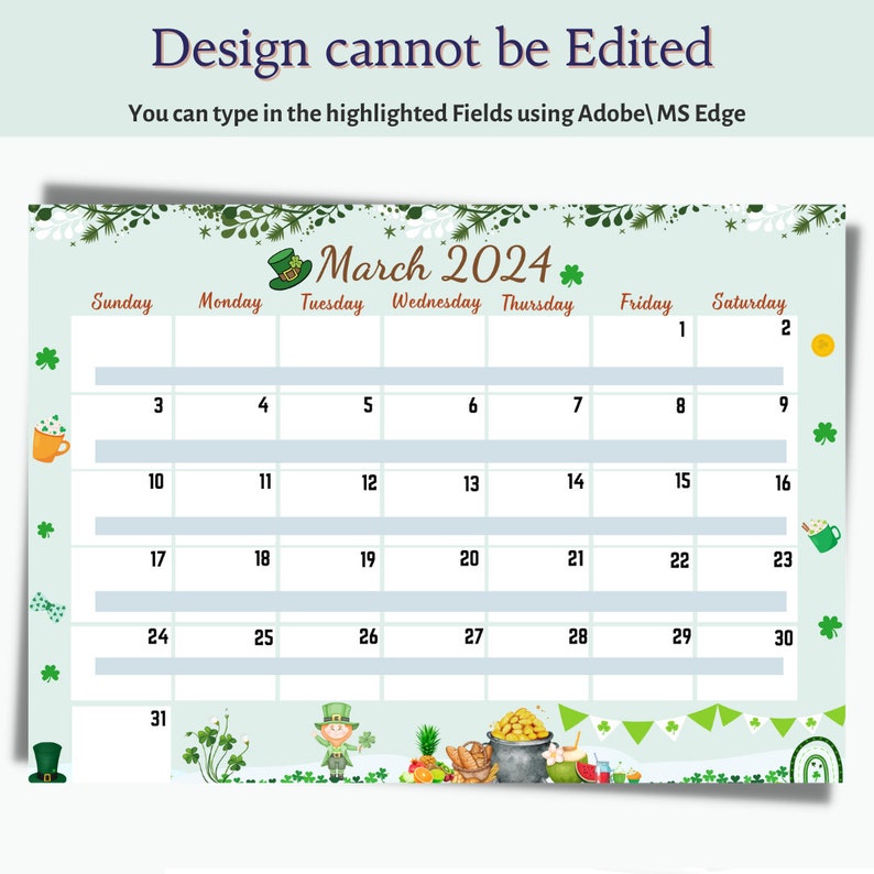 March 2024 Calendar Mar 2024 Calendar,st Patrick 2024,A4 Size,pdf ...