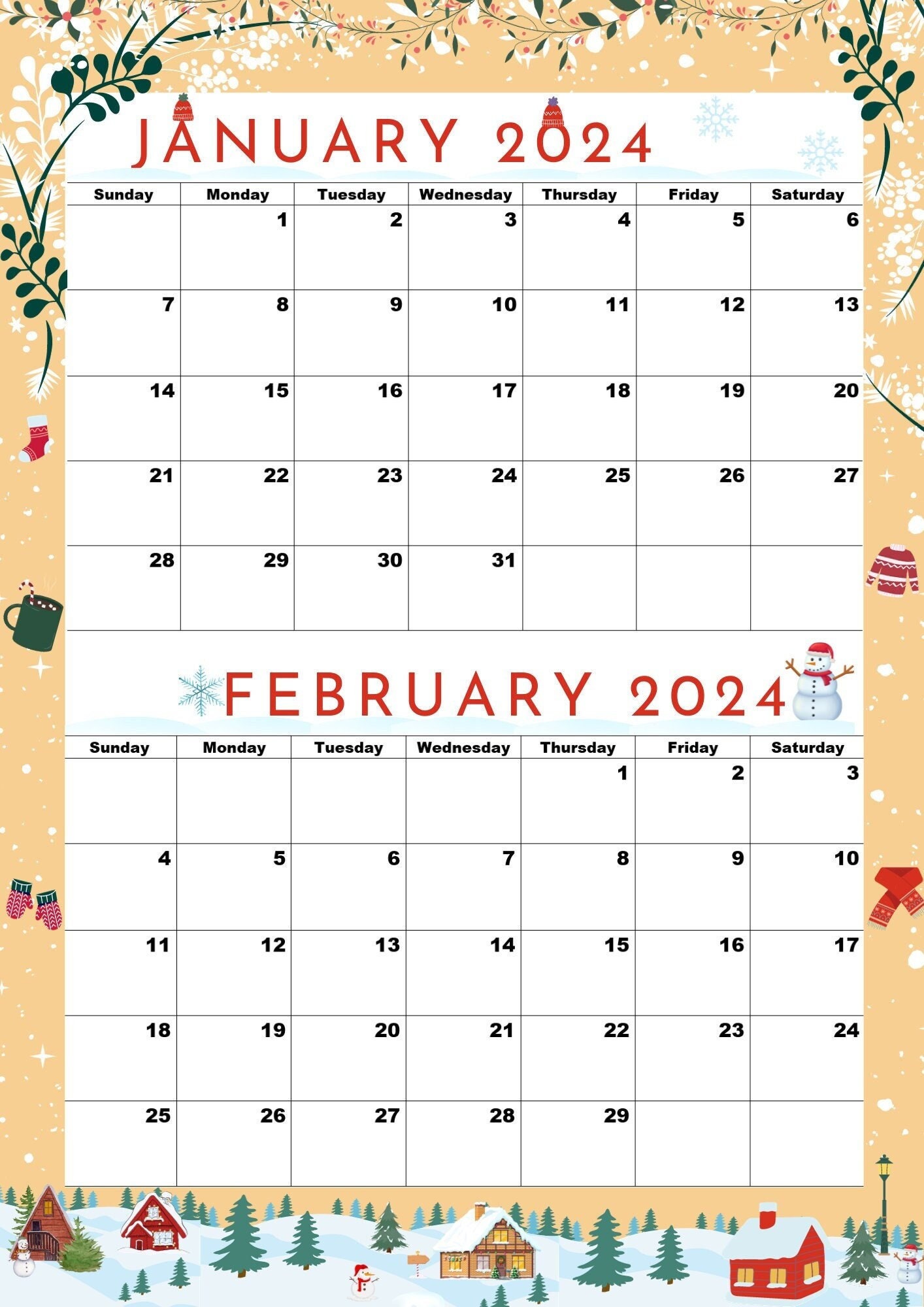 January 2024 Calendarfebruary 2024 Calendar Printable Creamy Etsy UK