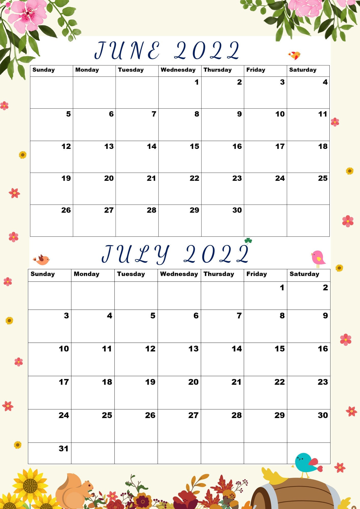 june 2022 july 2022 printable calendara4 mesmerizing spring etsy australia
