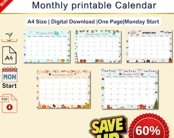 September 2025,October, November and December 2025 calendar, Monday Start, Printable monthly bundle,A4,Digital Download, Buy 5 and Save 60%