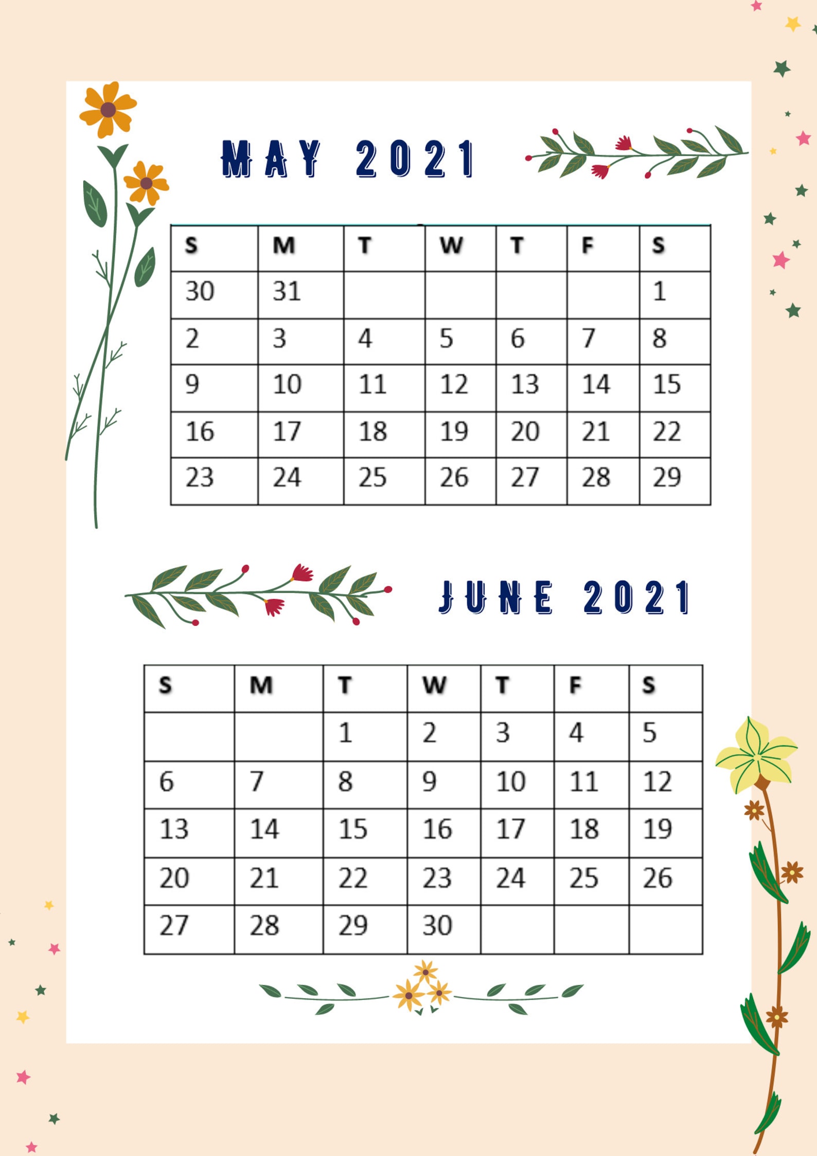 Druckbare April-Mai-Juni-Juli-Aug 2021 Kalender A4  Etsy