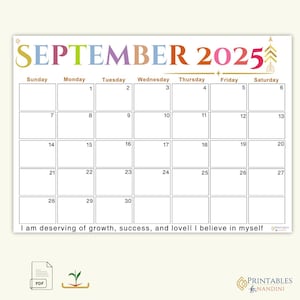 September 2025 A4 Printable Calendar PDF – Sunday Start with Affirmation Quotes| Spacious Layout with Sigils, Instant Download