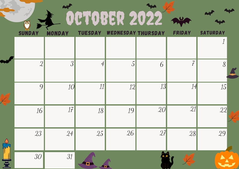 October 2022 Calendar October 2022 Printable Halloween 2022 Etsy UK