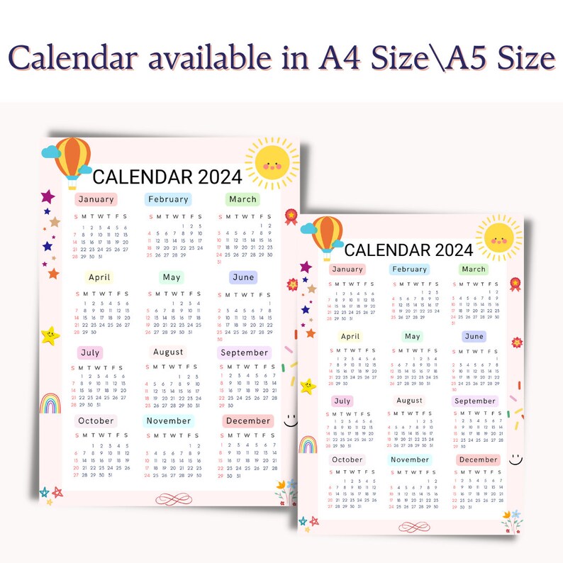 Cute 2024 Calendar,colorful 2024 One Page Yearly Calendar,a4 Size,a5