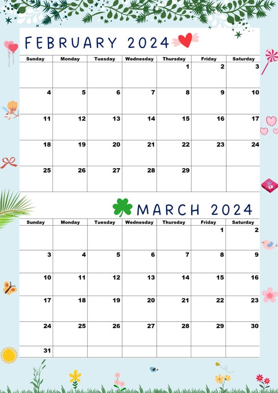 February 2024 Calendar,march 2024 Calendar Printable,feb 2024 Mar 2024,A4  Size,digital,pdf - Etsy