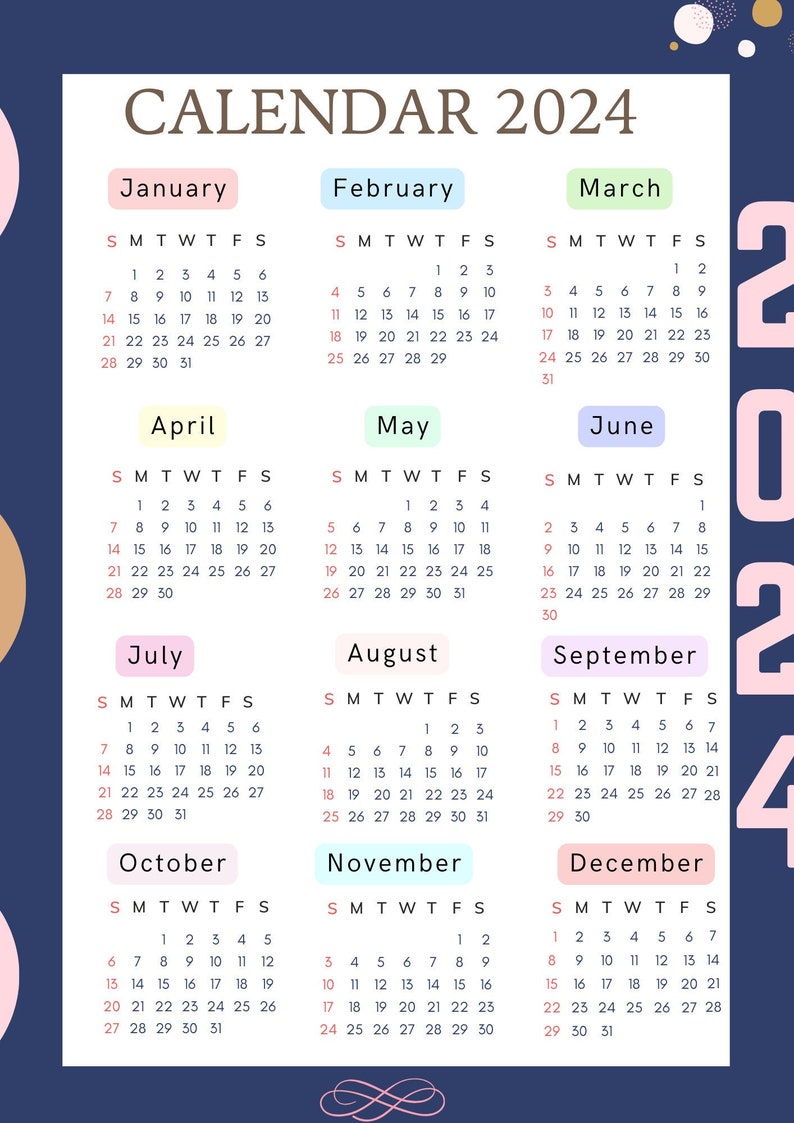 2024 Single Page Calendar, 2024 Year Calendar,a4 Size A5 Size, Digital