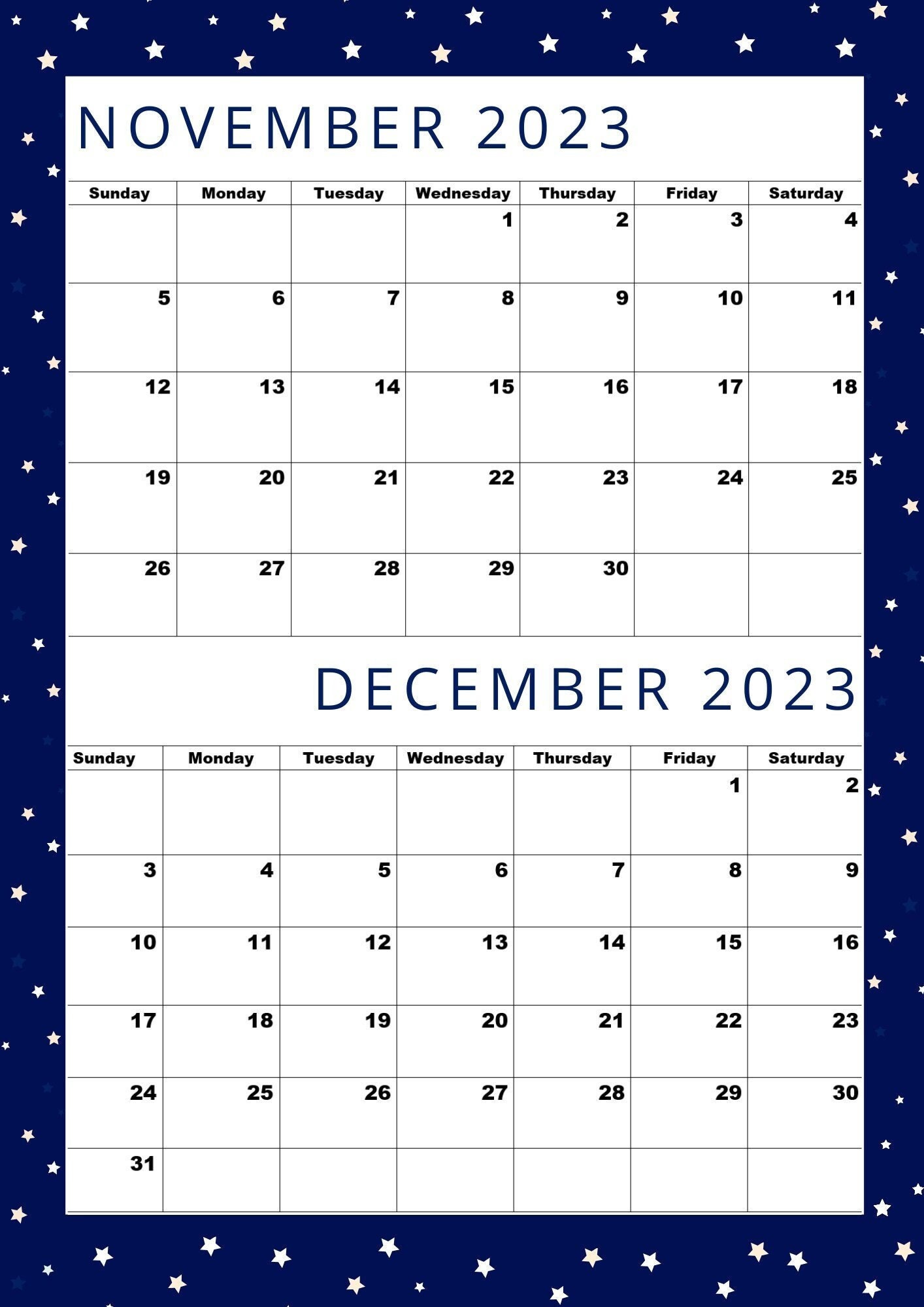 November 2023 Calendar, December 2023 Calendar,a4 Size,pdf,printable