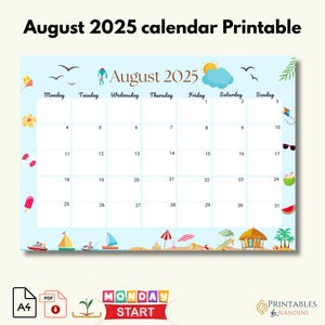 Printable August calendar 2025,Monday Start- A4 PDF| August 2025 Instant Download |Summer planner| FREE Meal planner Printable