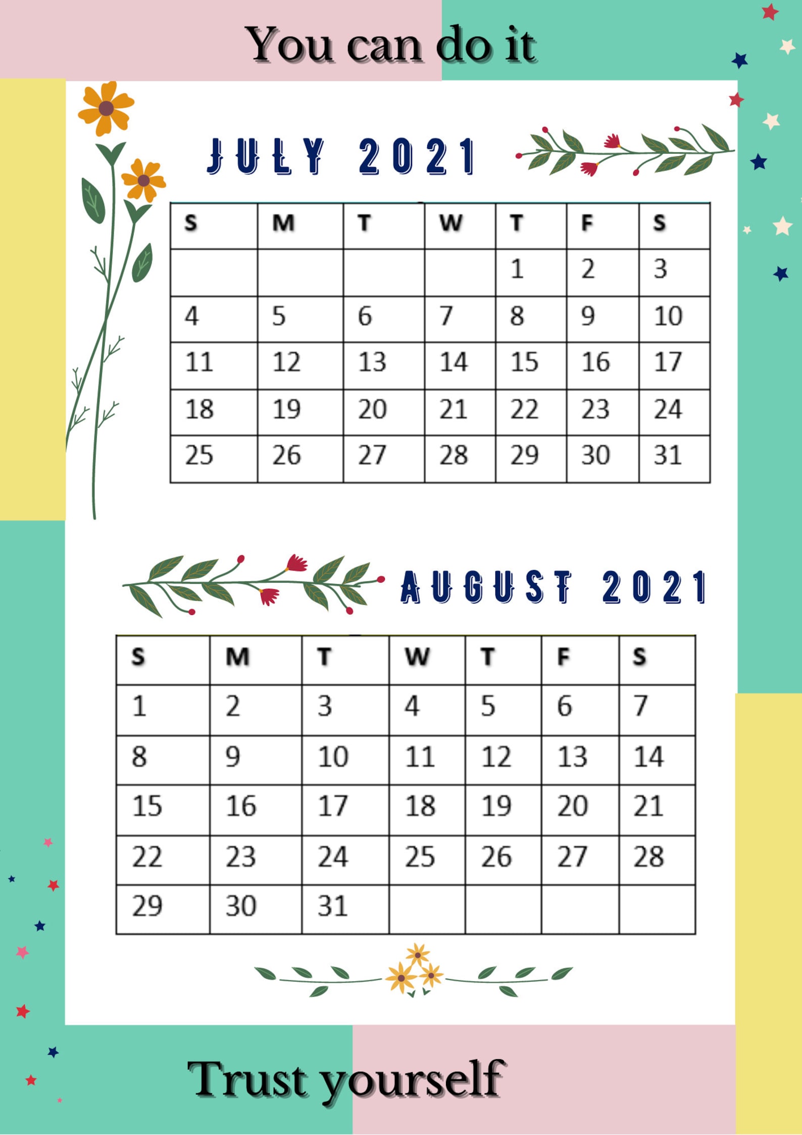 July August 2021 Printable Monthly Calendar A4 Digital PDF | Etsy