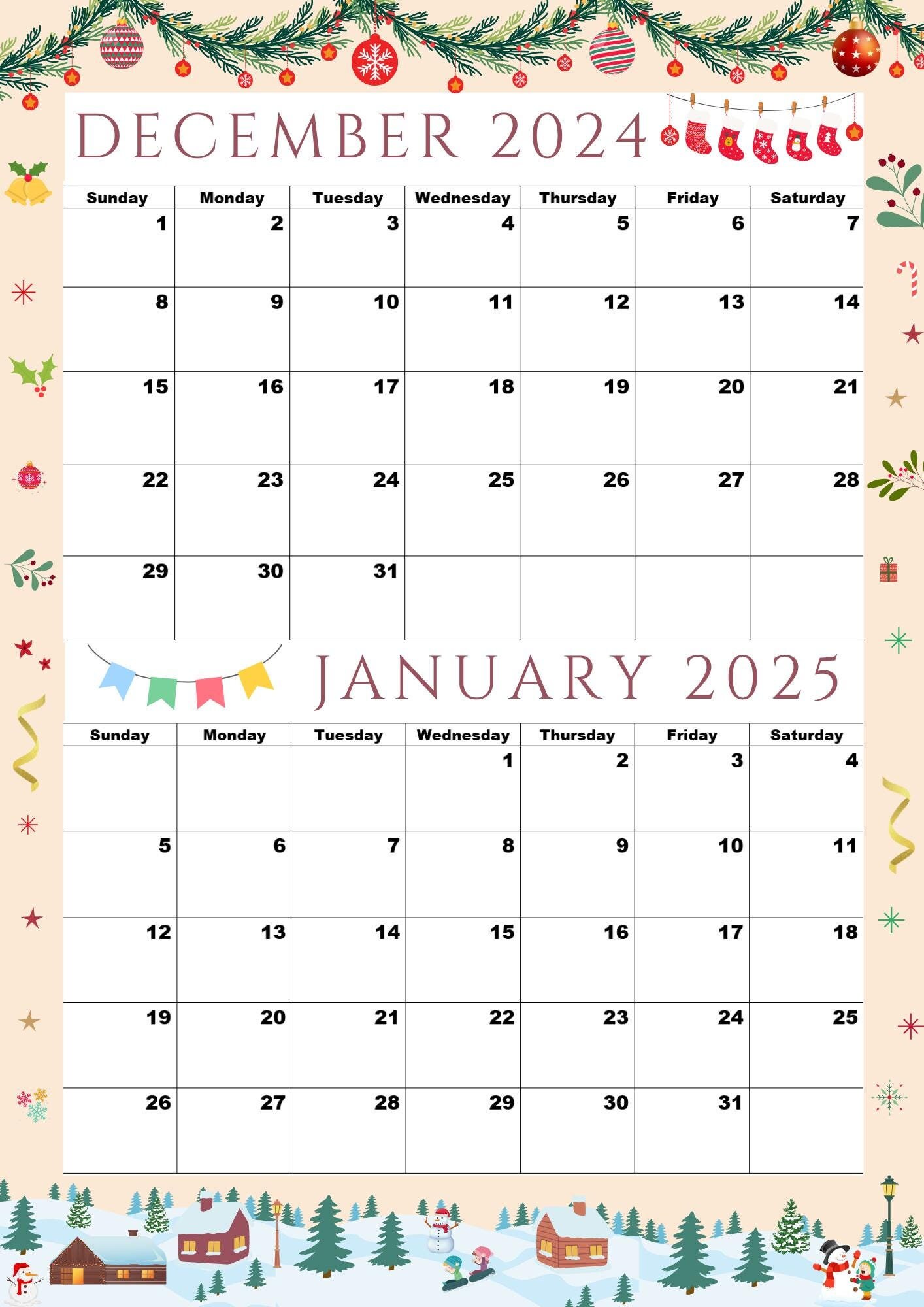 Calendar for December 2024,calendar for January 2025,colorful,a4 Size,pdf,digital,instant Download,2 Month One Page Calendar - Etsy