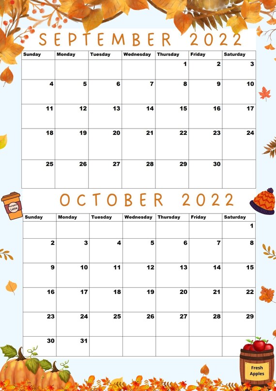 September 2022 Calendar October 2022 Calendar Printable A4 Etsy UK
