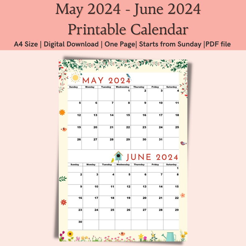 May 2024 Calendar,june 2024 Calendar,may and June 2024,A4 Size,digital