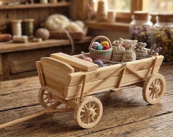 Miniature Wooden Horse-Drawn Carriage, 27cm Handcrafted Wooden Wagon, Wagon Replica, Collectible Wooden Model