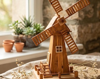 Handmade Wooden Windmill – Rustic Miniature Dutch Windmill, Country Home Decor, Wooden Mill Model, Country Cottage Decoration