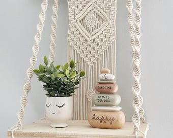 Boho Macrame Floating Shelf – Handmade Wall Shelf – Rustic Bohemian Home Decor – Hanging Rope Shelf for Bedroom or Living Room