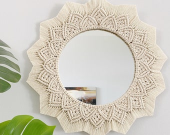 Macrame mirror 19''-21'', Elegant Macrame Wall Hanging Mirror for Vintage and Rustic Home Decor Styles.