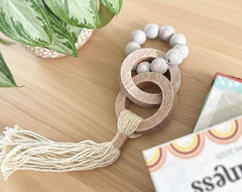 Wood Bead Garland with Macrame Tassel — Wooden Chain Links Boho Table Decor, Shelf Accent, Handmade Gift for Home