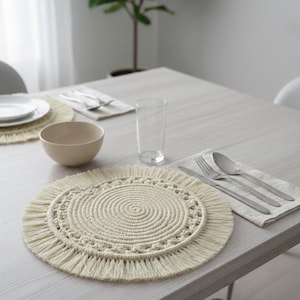マクラメサークルプレースマット | ボヘミアンプレースマット | マクラメホットパッド | マクラメセンターピース | 大型ボヘミアンコースター | テーブルドレスアップ | ウェディングプレースマット