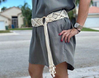 Macramé Gray Vintage Woven Patterned Wide Tie Boho Chic Belt 30” Vintage | Accessories | Macram Gray Vintage Woven Patterned  main image 4