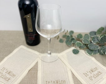 Set of 4 Elegant Embroidered Linen Cocktail Napkins | It's wine o'clock | Cocktail Napkin | Linen Napkin | Wedding Gift