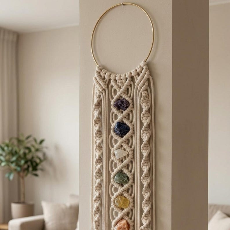 May include: A wall hanging featuring a gold-colored metal hoop with off-white macrame cord knotted in intricate patterns. Seven raw, multi-colored gemstones are vertically integrated into the center of the woven design, creating a linear display.