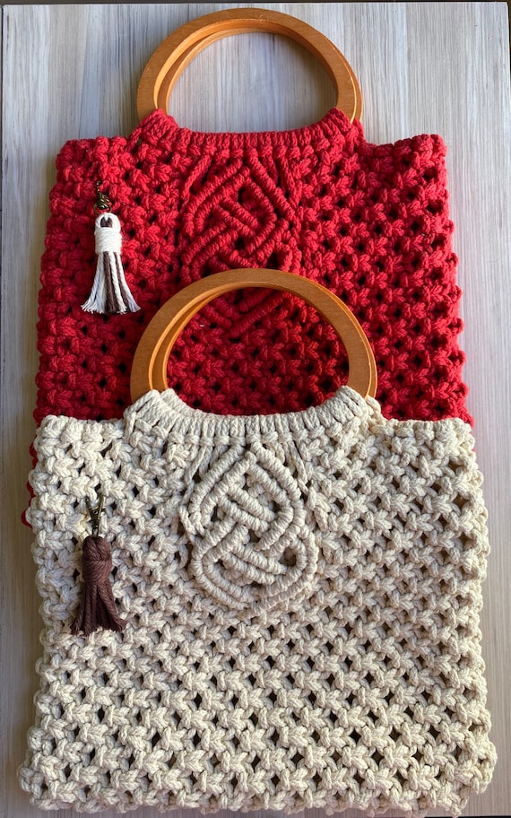 Macrame bag with wooden hotsell handles