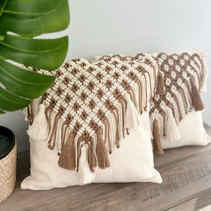Boho Macramé Pillow - Stylish Woven Throw Cushion Case with Tassels, Ideal for Sofa, Bench, Indoor/Outdoor Use, 18 inch x 18 inch size.