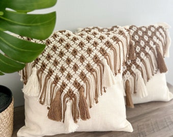 Boho Macramé Pillow - Stylish Woven Throw Cushion Case with Tassels, Ideal for Sofa, Bench, Indoor/Outdoor Use, 18 inch x 18 inch size.