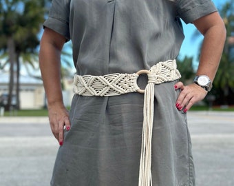 Macrame Belt Woven Boho Hippie Clothes Fringe Sash Vintage Western Macrame Fringe Belt Beige Leather  main image 4