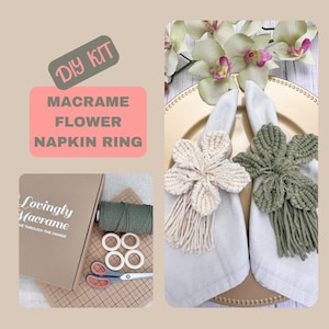May include: DIY kit for making macrame flower napkin rings. The kit includes wooden rings, green cord, scissors, and instructions. The image shows two finished napkin rings, one in beige and one in green.