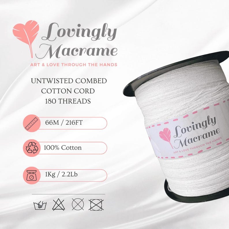 May include: A spool of white untwisted combed cotton cord for macrame projects. The label reads "Lovingly Macrame" and includes details like 180 threads, 66 meters (216 feet), and 100% cotton. The spool weighs 1 kg (2.2 lbs).