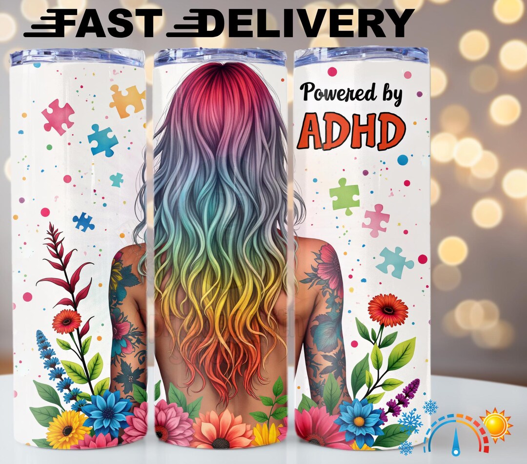 ADHD Awareness Tumbler | Powered by ADHD Cup With Rainbow Hair & Puzzle ...