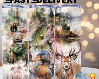 Hunting Fishing Tumbler, Deer Duck Bass Wildlife Scene, Outdoorsman Cup (20oz 30oz)