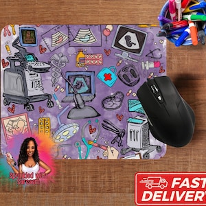 May include: Purple and white mouse pad with a humorous illustration of medical equipment and the text "Sprinkled with Sarcasm".