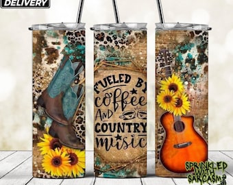 Personalized Country Music Gift, Fueled by Coffee and Country Music Tumbler – Sunflower Cowgirl Gift – Rustic 20oz/30oz Sublimation Cup