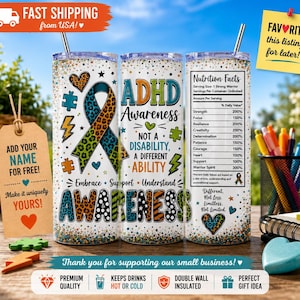 ADHD Awareness Tumbler, Neurodiversity Gift, Different Ability Cup, ADHD Ribbon Stainless Steel Tumbler, Mental Health Gift