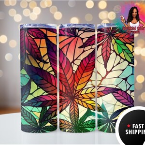 Rainbow Leaf Tumbler – Stoner Stained Glass Mosaic 20oz or 30oz Stainless Steel Cup | Boho Hippie Vibes Drinkware | Handmade & FAST Shipping