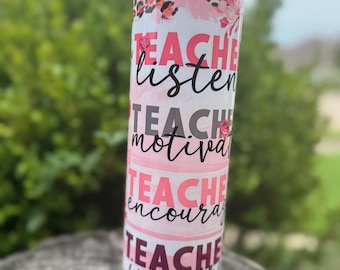 Personalized Teacher Tumbler – Leopard & Roses Design – Motivate Inspire Encourage – Custom Name Gift for Teachers – 20oz/30oz – Fast Shippi