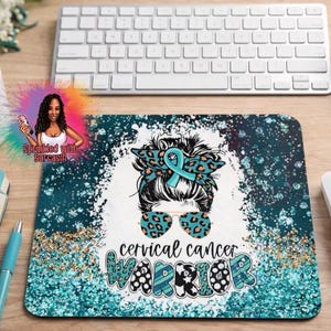 Cervical Cancer Warrior Mousepad, Teal Ribbon Awareness, Messy Bun Desk Decor, Inspirational Gift