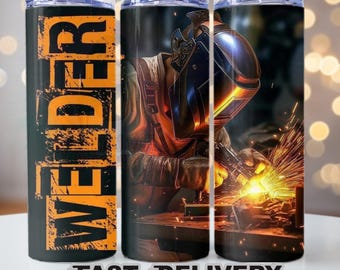May include: A black tumbler with an orange "WELDER" design. The tumbler features a detailed illustration of a welder at work, with sparks flying. The tumbler is designed to keep beverages hot or cold.